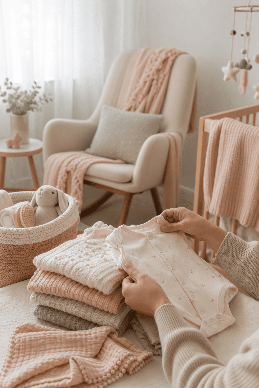 Quarto de bebe acolhedor com enxoval em tons suaves